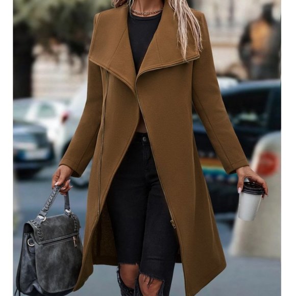 Zipper detailed Waterfall Collar Overcoat Jacket Coat mocha brown - Picture 5 of 6